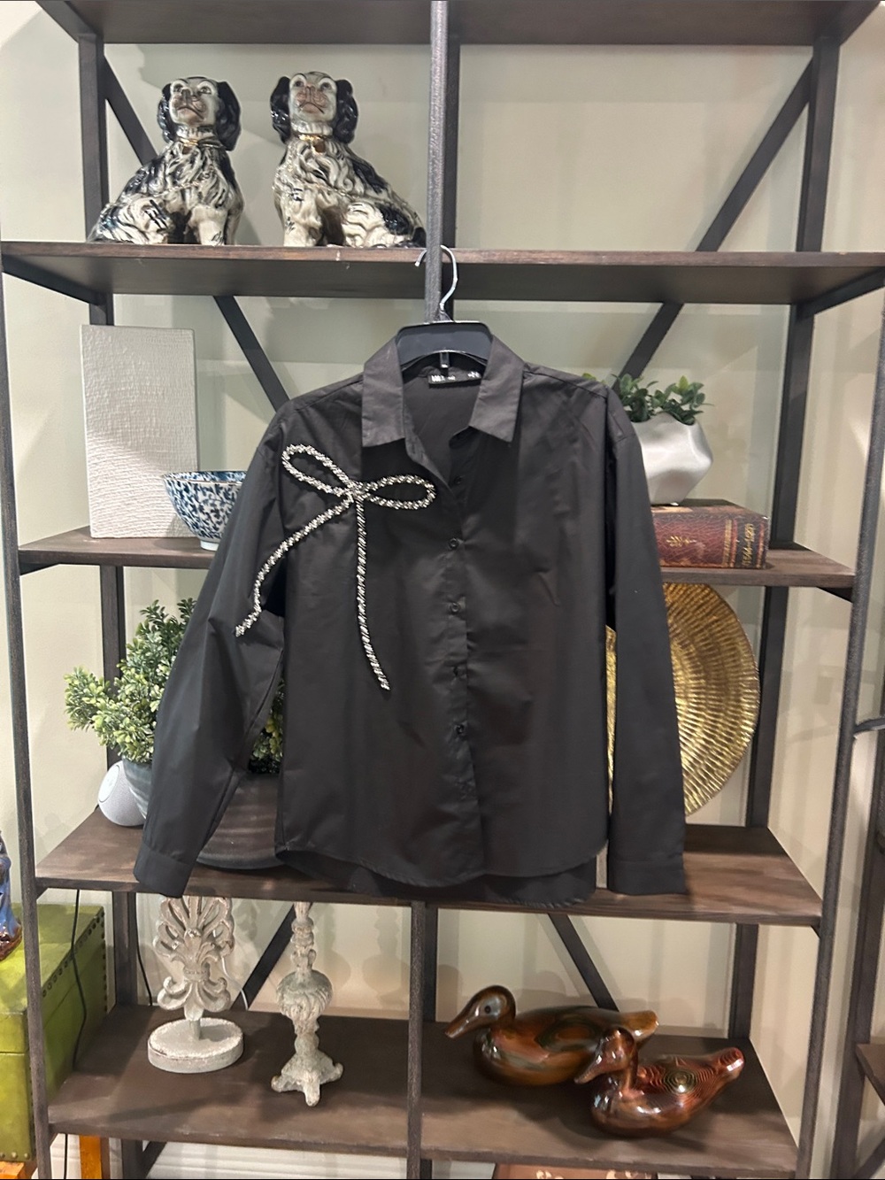 Ina Black Button-Front Blouse with Rope Accent